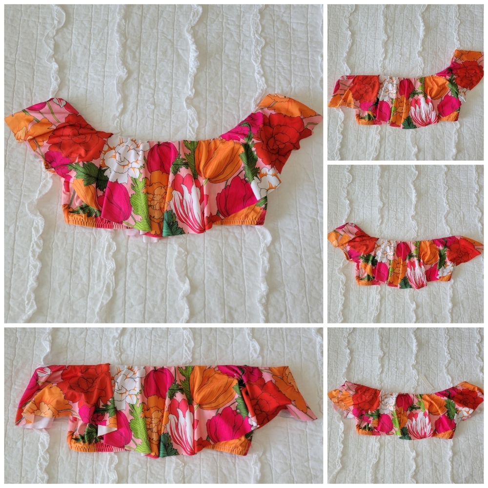 Trina Turk Flutter Bikini Top 6 NWT Orange Pink Gorgeous Floral On/Off Shoulders